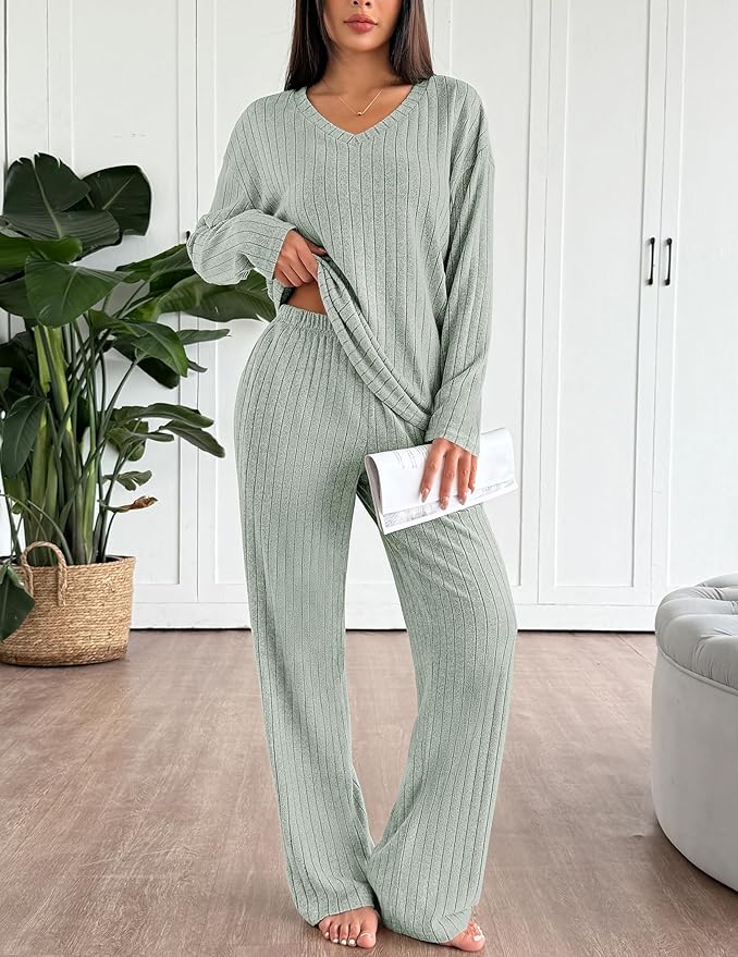 Ekouaer Lounge Sets for Women Long Sleeve Knit Ribbed Pajama Sets 2 Piece Casual Loungewear with Pockets