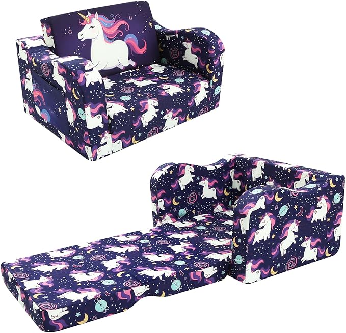 MeMoreCool Kids Folding Couch – Purple Unicorn Toddler Chair, Fold-Out 2-in-1 Sofa Bed Comfy Foam Seating, Washable Cover, Armrests & Side Pocket for Playroom or Nursery Ages 1–3