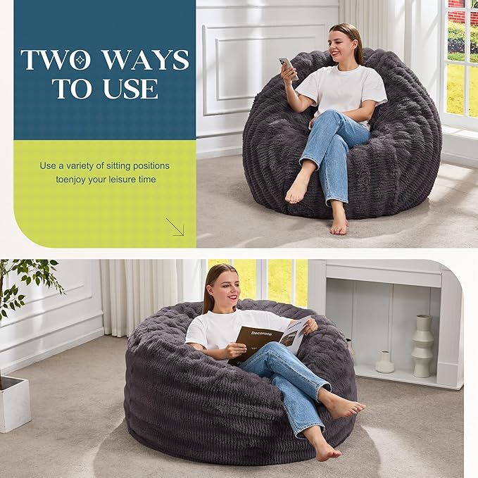 Hobestluk Bean Bag Chairs Beanbag Chair with Filler Adult Bean Bags with Fluffy Ripple Cover, Giant Bean Bag Chairs for Adults (Dark Grey, 3FT - 36" x 36" x 22")