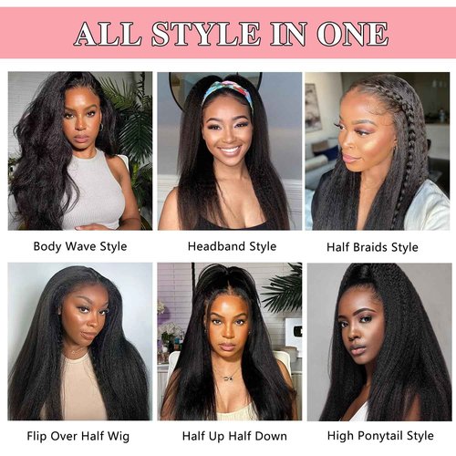Nvnvdij Kinky Straight Half Wig Human Hair 200% Density Wear Go Glueless Wigs Human Hair 16 Inch Kinky Straight 3 In 1 Half Wigs for Women Drawstring Seamless Flip Headband Wig Beginner Friendly