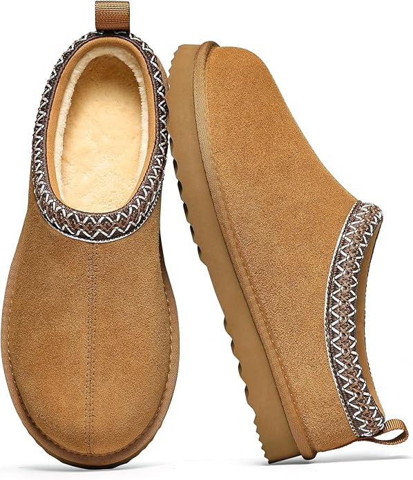 bebealy Genuine Suede Fuzzy Slippers for Women Winter Warm House Shoes Cozy Mini Boots for Indoor Outdoor