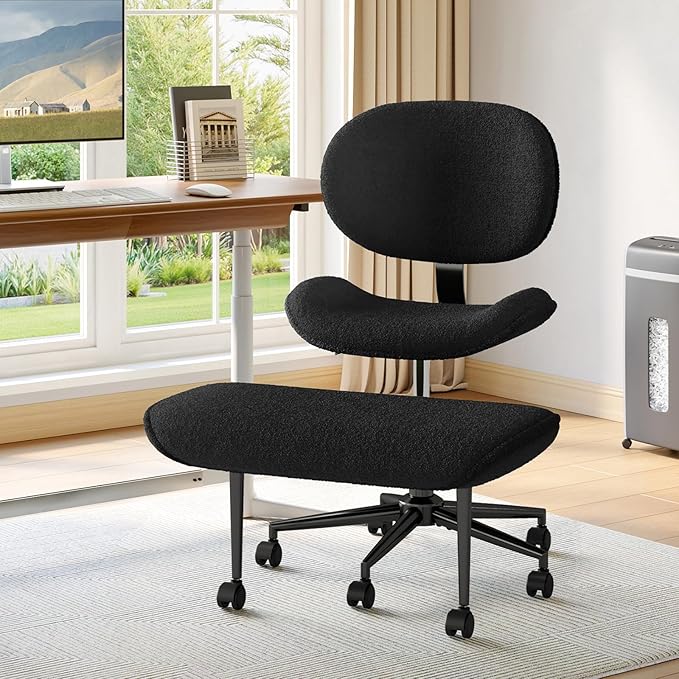 Cross Legged Office Chair with Wheels for ADHD, Ergonomic 360° Swivel Height-Adjustable Meditation Chair for Yoga, Wide Kneeling Chair with Strong Lumbar Support, Teddy Fabric, Black