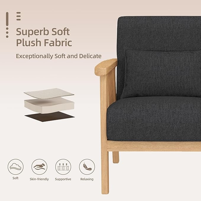 SEYNAR Mid-Century Accent Chair, Linen Fabric Armchair and Lounge Chair with Lumbar Pillow, Wide Seat & Solid Wood Frame for Living Room, Bedroom or Balcony(Dark Gray)