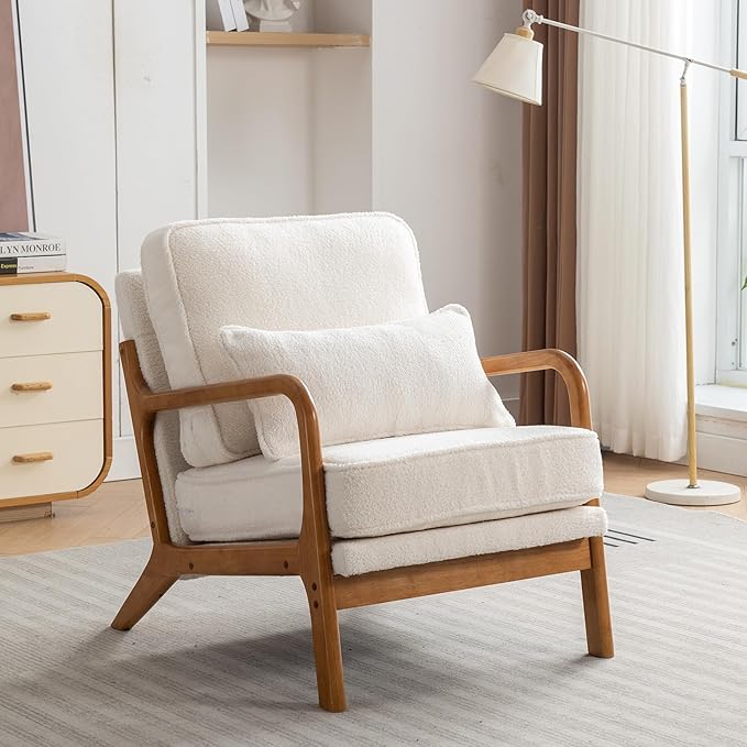 SEYNAR Mid-Century Accent Chair,Sherpa Fabric Lounge Chair with Wide Armrest,13-16.5'' Low Seat Height Armchair with Lumbar Pillow & Solid Wood Frame for Living Room, Bedroom, Balcony(Cream White)