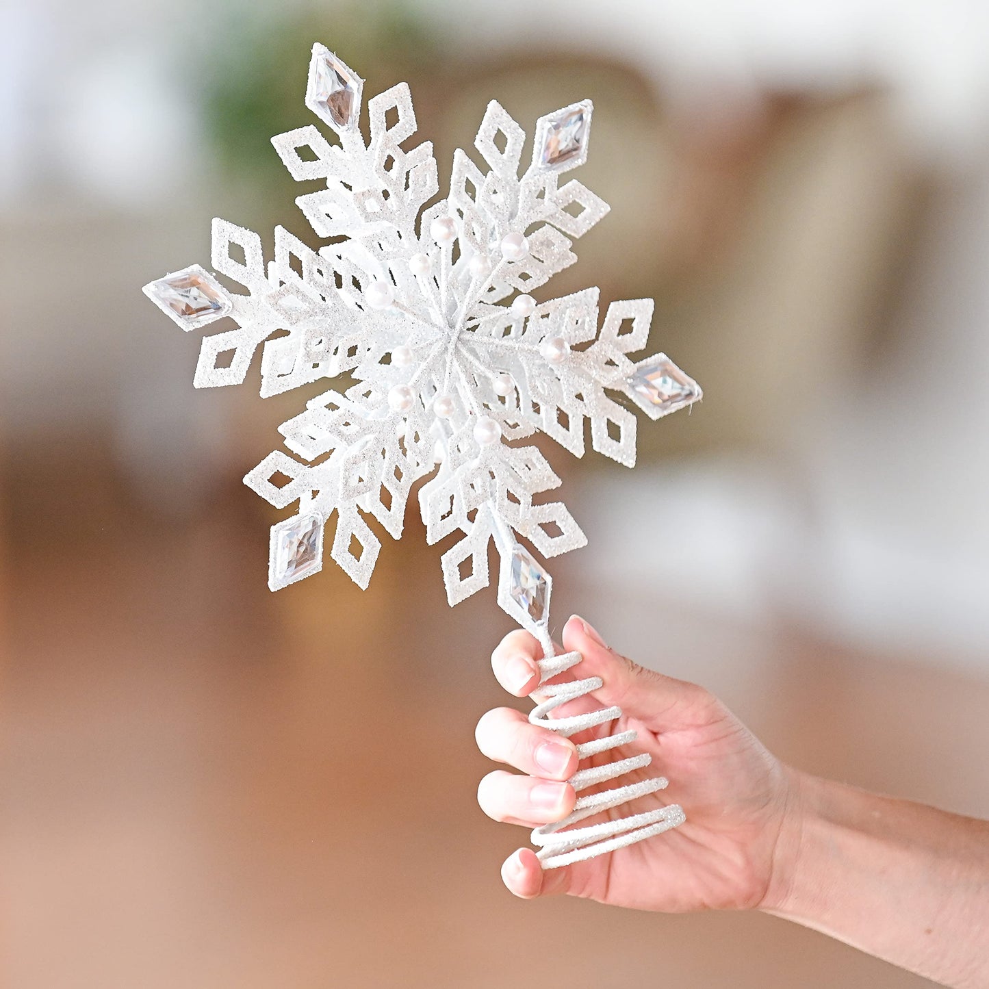 Ornativity Glitter Snowflake Tree Topper - White Sparkling Jewel Snow Flake Christmas Decor Tree Top Xmas Holiday Decoration with Gem Design 11.5"
