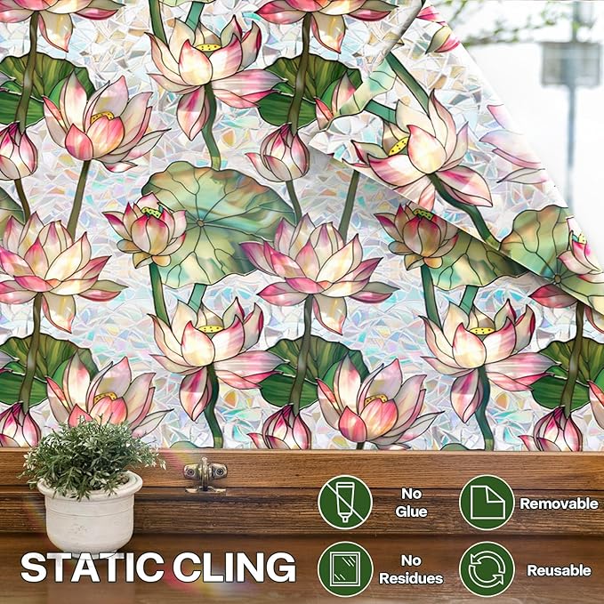 Stained Glass Window Film UV Resistant Window Privacy Film Lotus Floral Privacy Rainbow Decals Living Room Bedroom Sun Blocking Decor Removable Static Cling Stickers 17 x 39.37 Inch
