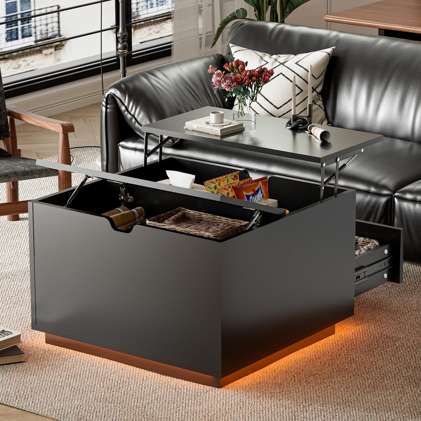 Etemnozon Lift Top LED Coffee Table with Storage,31.5" High Gloss Square Coffee Table with Large Hidden Storage, Living Room Table Wood Center Table for Living Room Home Office,Black