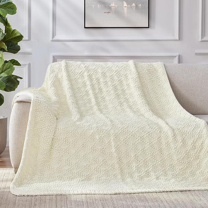 Knitted Weighted Blanket for Adult, Chunky Knit Weighted Throw for Sleep 36"*48" 5lbs, Cooling Breathable Heavy Blanket for Hot Sleepers, Machine Washable Blanket for Room Decor(Ivory White)