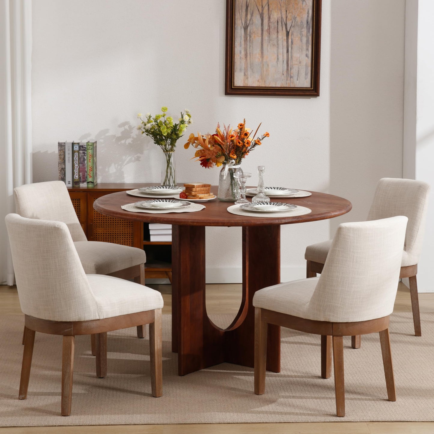 RIVOVA Modern Dining Chairs Set of 4 Comfortable Dining Room Chairs with Back, Linen Fabric Upholstered Kitchen Side Chairs with Natural Wood Legs for Living Room, Beige