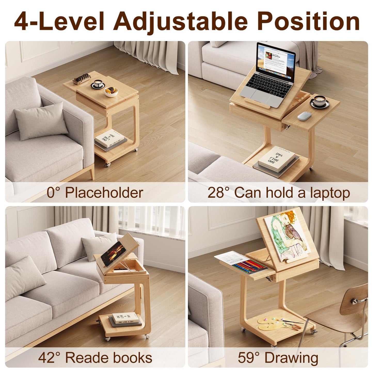 Solid Wood C Shaped End Table for Couch,Rolling C Table with Wheels,Small Side Table with Adjustable Desktop,Couch Desk with Storage,Rolling Tv Tray with Folding Shelf,Modern Bedside Table(Natural)