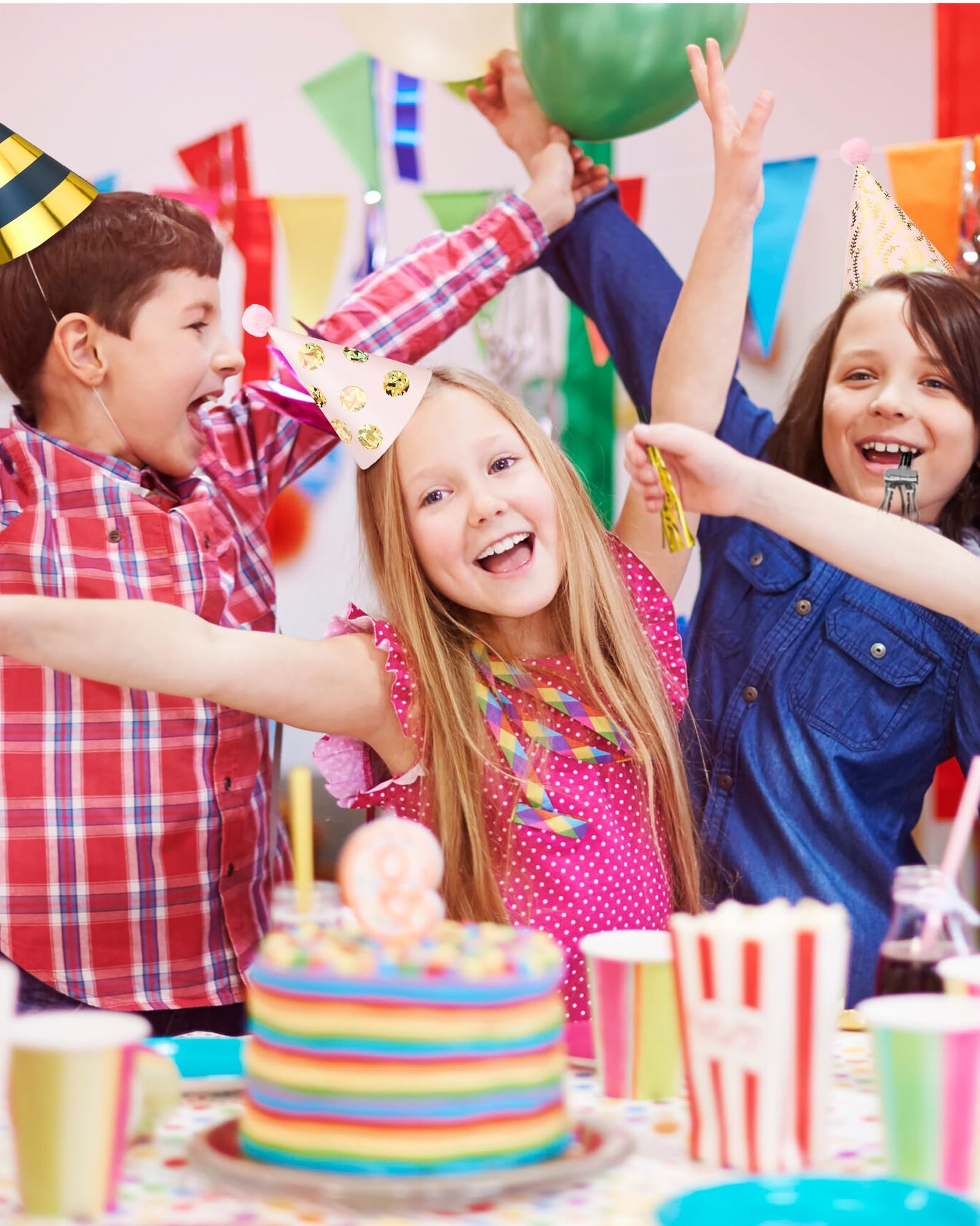 JOYEONDEF 56 Pcs Pink and Gold Birthday Party Hats Gold Cone Hats Includes 24 Birthday Paper Hats and 32 Noise Makers for adults kids women