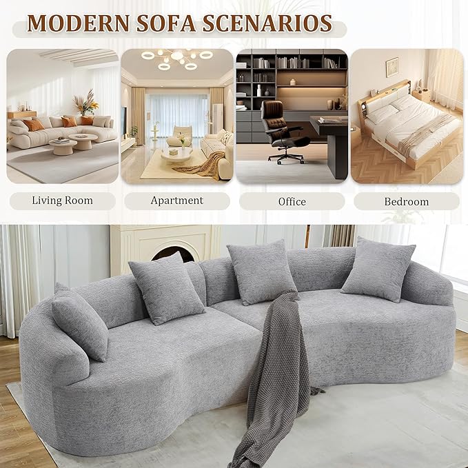 110" Oversized Modern Curved Cloud Sectional Sofa, Luxury Plush Chenille 4-Seater Deep Wide Seat Couch with 4 Pillows, No Assembly Needed Apartment Living Room Furniture, Beige