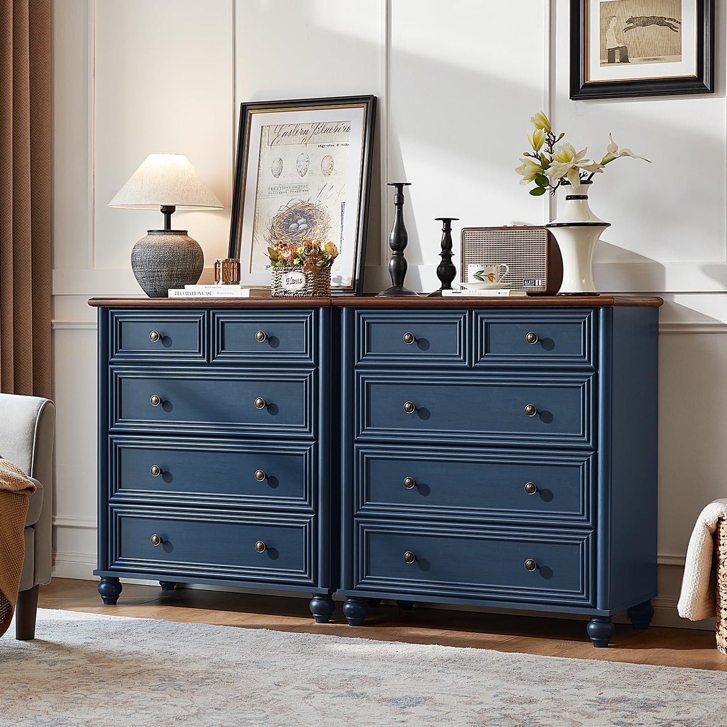 RWYHG Farmhouse 5 Drawer Dresser for Bedroom, 35.5" Tall Small Dressers & Chest of Drawers, Rustic Wood Dresser with Roman Column, Storage Organizer for Living Room, Hallway, Closet (Blue)