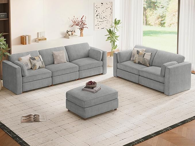 CUGOAO 153.4'' Oversized Sofa Set, Modular Sectional Sofa, Deep Seat Chenille Cloud Couch, Removable Cover, Mordern Upholstered Couches for Living Room, Apartment, Office, Grey