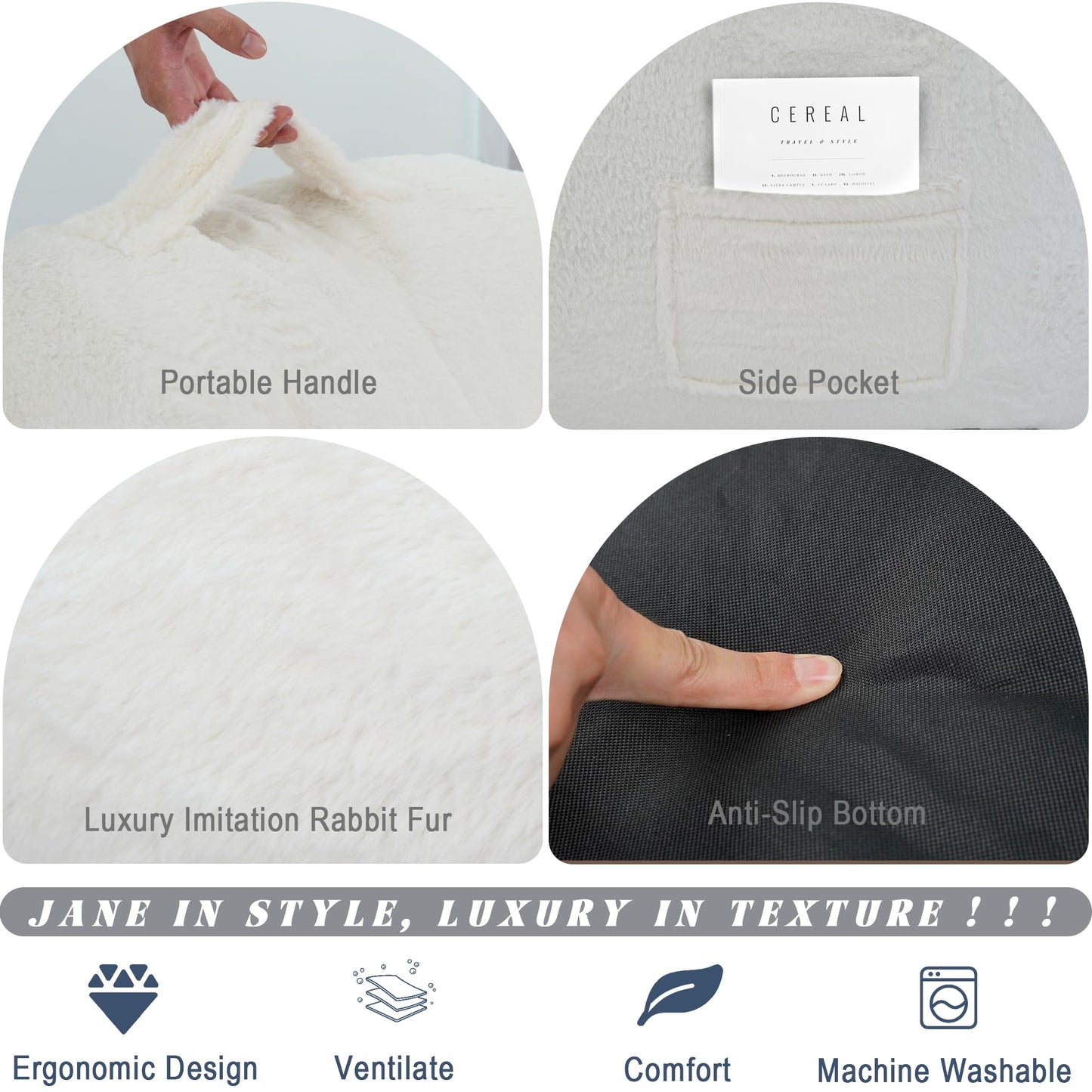 LFCREATOR Large Bean Bag Chairs for Adults, Faux Fur Fabric Giant Bean Bag Chair with Pillow, Soft Bean Bag Sofa Chair with Ergonomic Support, Beige Plush Lazy Sofa, White