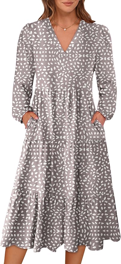 ANRABESS Women's Long Lantern Sleeve Floral Midi Dresses 2026 Spring V Neck Casual Flowy A-line Tiered Boho Vacation Dress