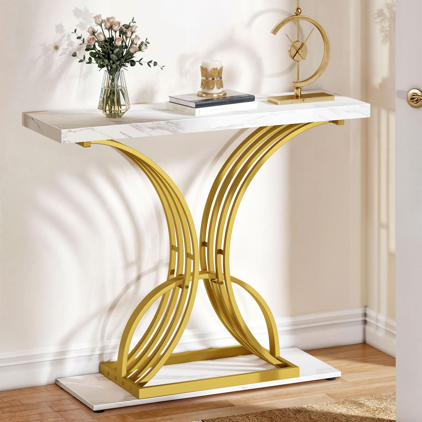 YITAHOME Gold Console Table, Modern Hallway Table, 40 inch Entryway Narrow Sofa Table for Living Room, Hallway, Entryway, Faux Marble White
