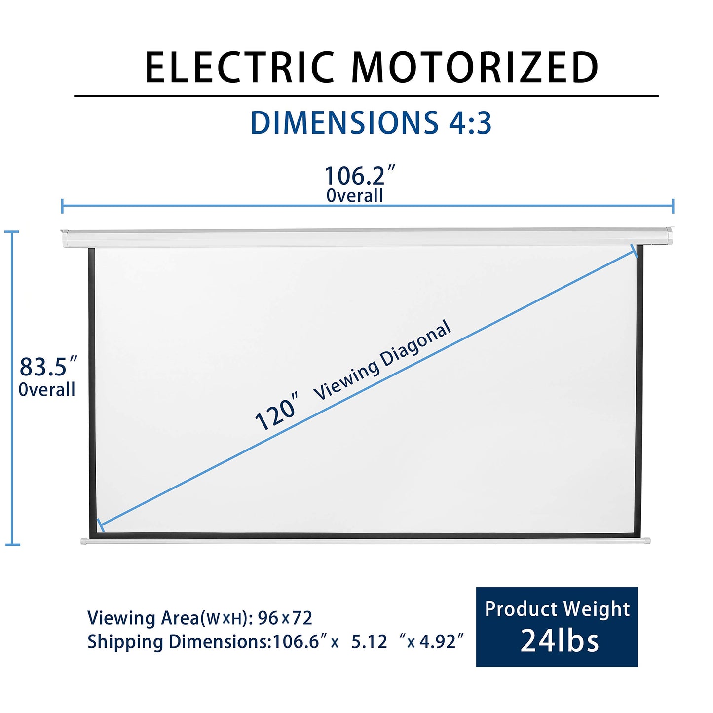 Kayle 120" Motorized Projector Screen Electric Diagonal Automatic Projection 4:3 HD Movies Screen for Home Theater Presentation Education Outdoor Indoor W/Remote Control and Wall/Ceiling Mount (White)