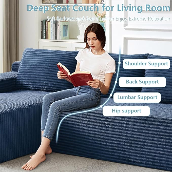 96" Cloud Sectional Couch with L-Shape Chaise, Modern Corduroy Boneless Couch for Living Room,Memory Foam Sofa with Deep Seat,No Assembly Required (Blue,Left-Facing Chaise)