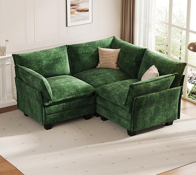 KKL Modular Sectional Sofa, V-Shaped 3 Seater Cloud Couch with Ottoman, Chenille Modern Sectional Couches for Living Room, Apartment Green