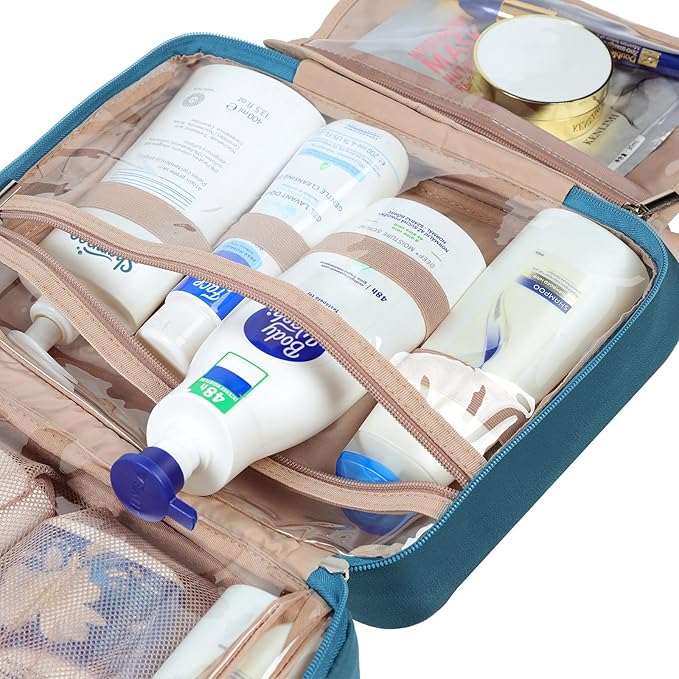 NISHEL Travel Toiletry Bag for Women, Makeup Essentials Organizer, Hanging Case for Accessories, Cosmetics, Large Size, Lake-Blue