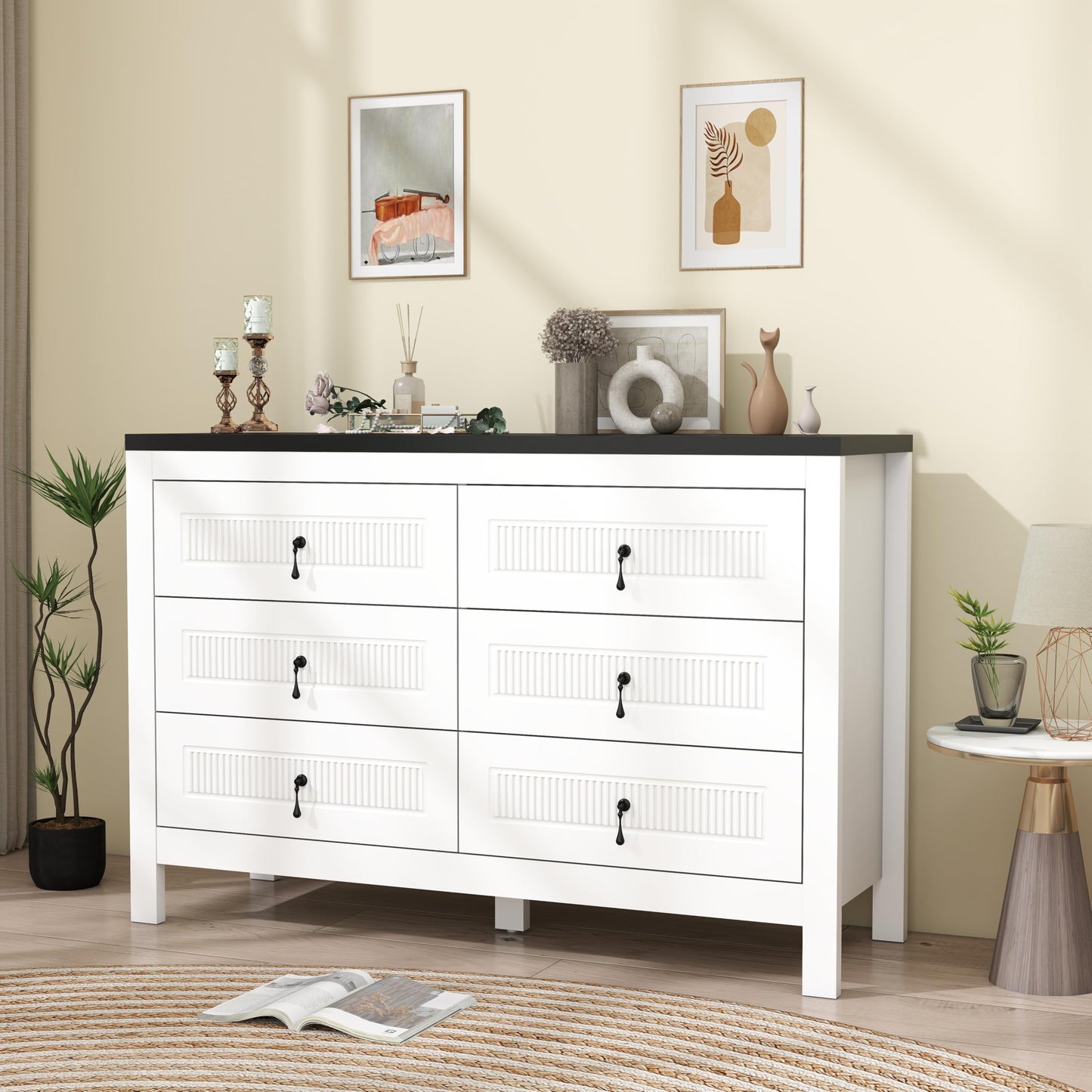 LABROSKIA White Dresser for Bedroom Deep Drawers: 47" Wood Bedroom Dressers with 6 Drawers, Modern Chest of Drawer with Handles, Adult Dresser for Fluted Drawer (White)