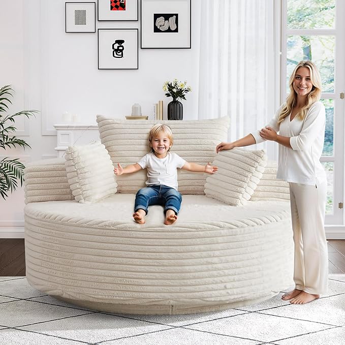 360-Degree Oversized Swivel Chair, Modern Round Circle Corduroy Comfy Deep Seat Swivel Accent Chaise Lounge Sofa Chair with Back Cushion & 2 Throw Pillows for Living Room Bedroom Office, Beige