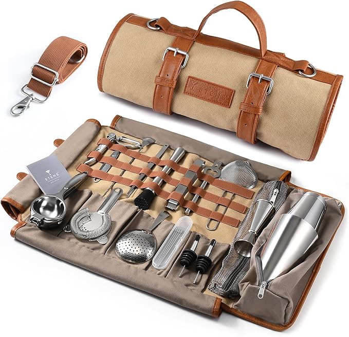 Etens Bartender Travel Kit with Waxed Bag | 22 Piece Bar Set in Roll | Portable Cocktail Tools for Home & Travelling Barte...