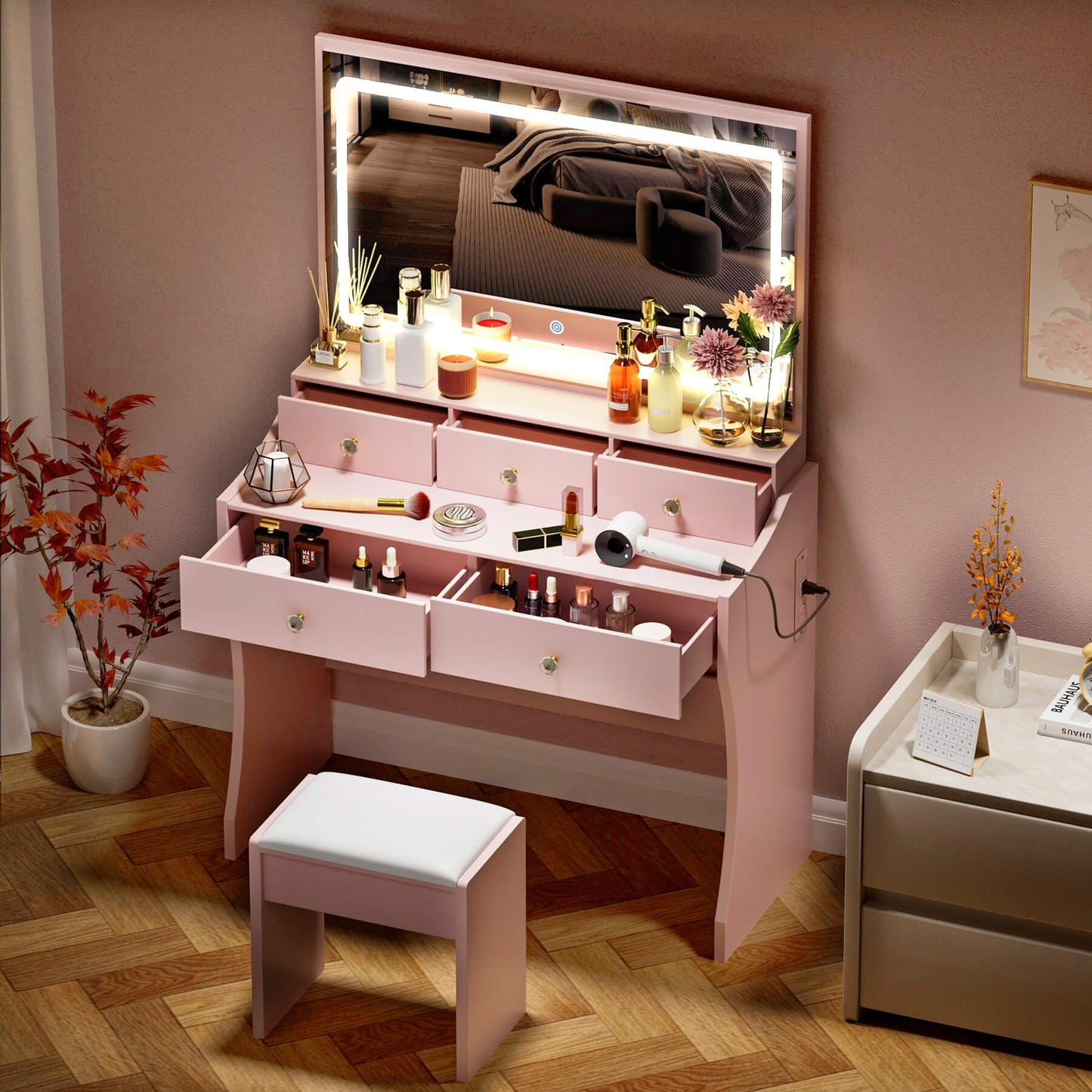 COMHOMA Makeup Vanity Desk with Mirror and Lights, Vanity Table and Chair Set with 5 Drawers and Charging Station, Bedroom Dresser LED Mirror Stepless Dimmable & 3 Color Modes Adjustable, Pink