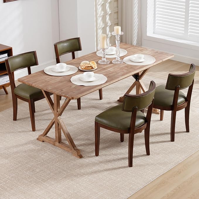 DM Furniture Mid Century Modern Dining Set of 6 - Faux Leather Upholstered Chairs With Curved Backrest - Farmhouse Kitchen Solid Wood Side Chairs for Living Room/Restaurant