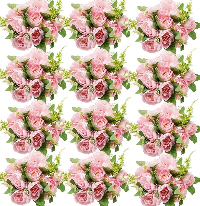 Nagobi Pink Peonies Artificial Flowers, 12 Bundles Fake Peonies Silk Flowers Faux Peonies Flowers Realistic Bouquet for We...