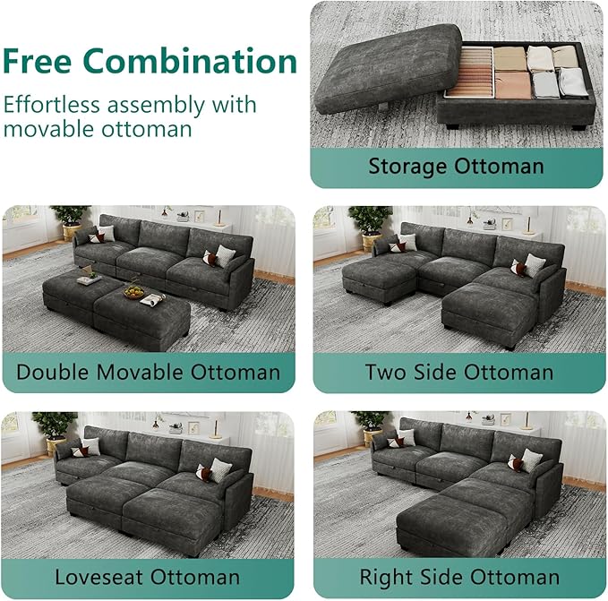 OhaiAura Modular Sectional U Shaped Sofa Couches for Living Room, Cloud Couch with Storage Ottoman, Comfy Chenille Sofa with Pillow, Dark Gray