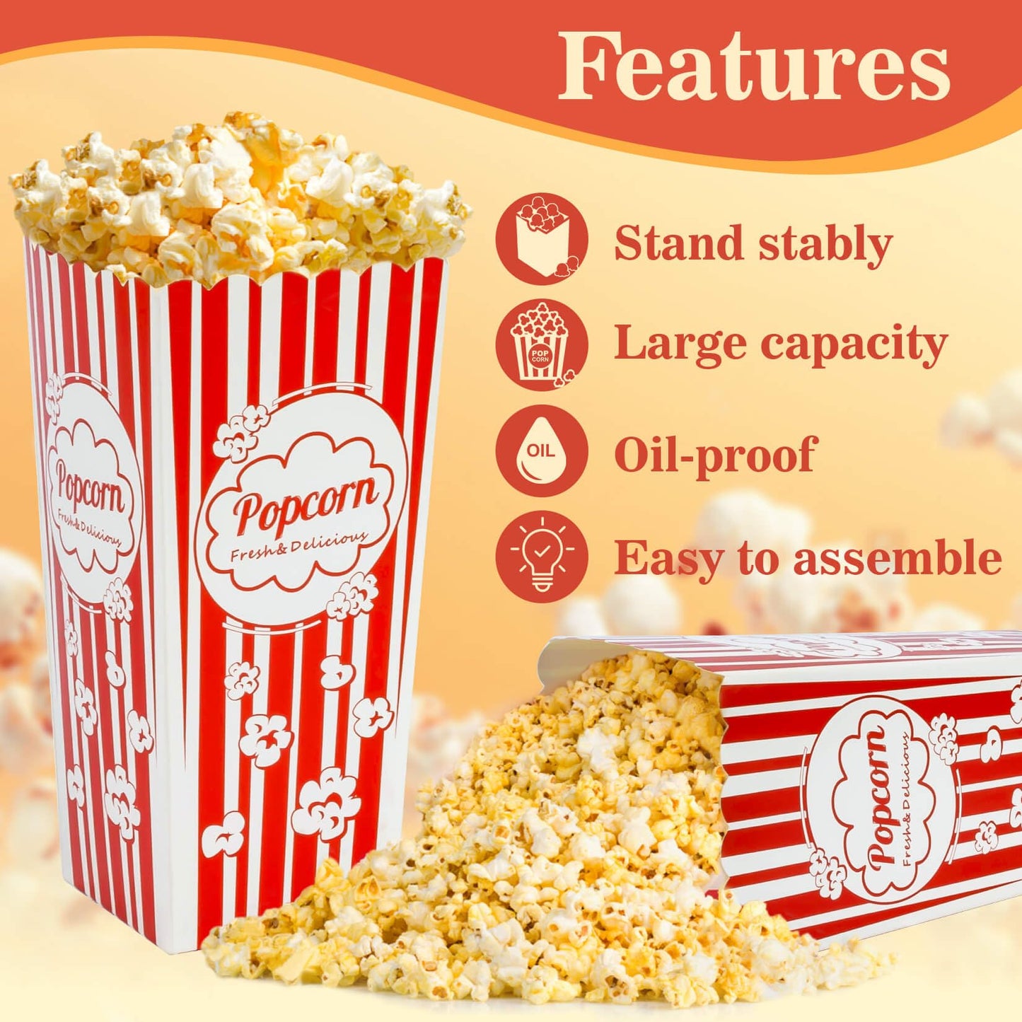 MAQIHAN 18 Popcorn Boxes Easy Assembly - 46oz Square Popcorn Bowls Square Buckets Containers Tub Paper Cups Holders Disposable Halloween Carnival Christmas Movie Night Party Individual Servings