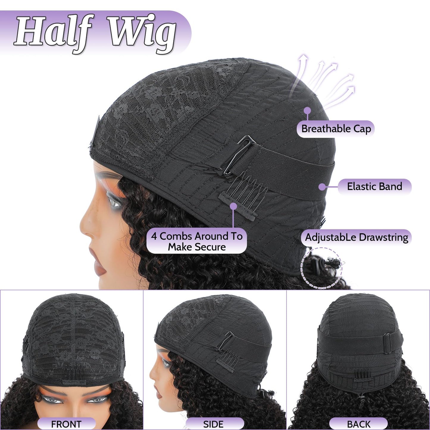 DSEKCAIN Kinky Curly Half Wig Human Hair Glueless 100% Real Human Hair Curly Half Wig 3 In 1 Seamless Flip Over Wigs With Drawst