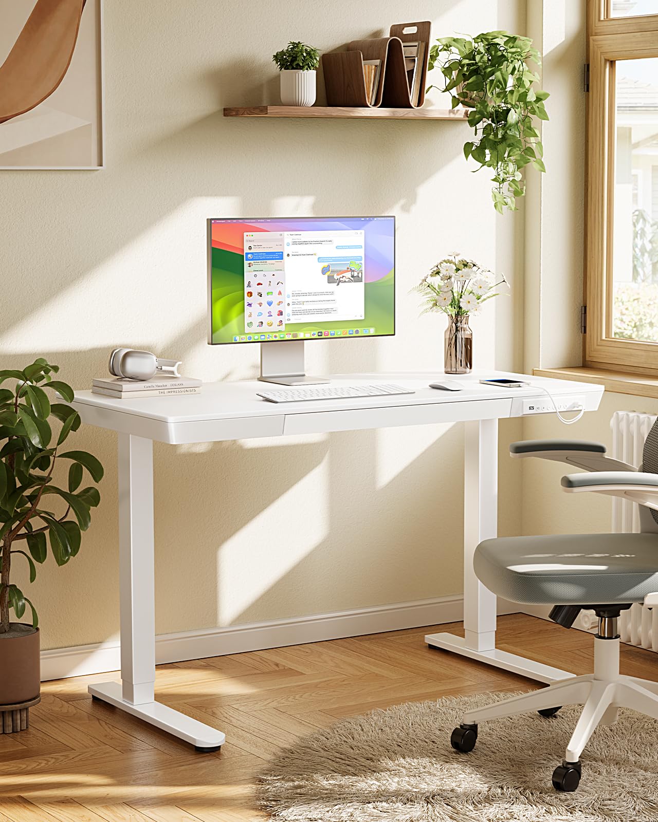 Marsail Electric Standing Desk with Drawers,48 x 24 inch Height Adjustable Standing Desk, Whole-Piece Table with Storage & USB Charging Ports, Small Computer Desk for Home Office White