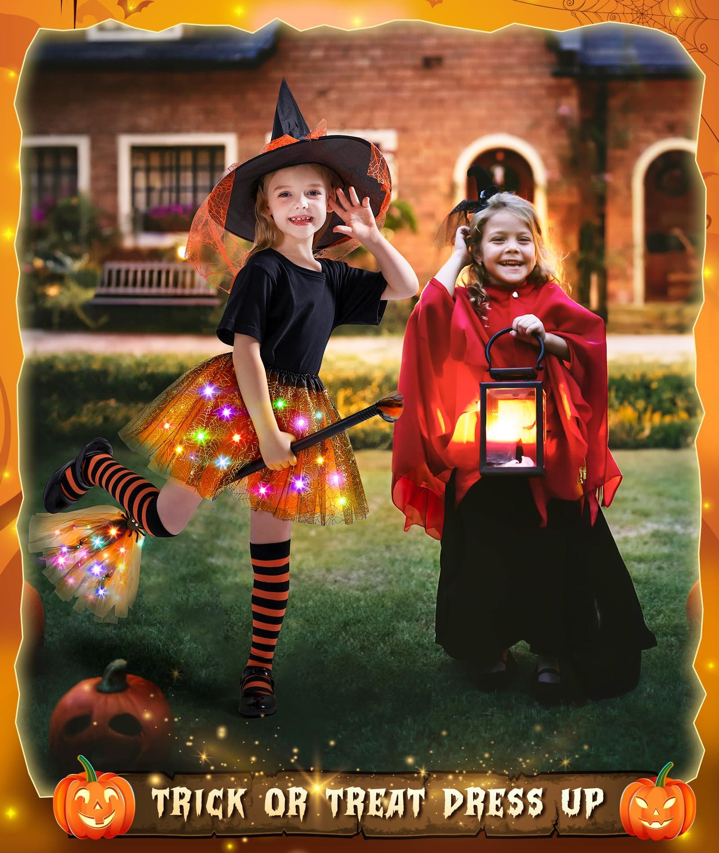 Jeowoqao Girls Halloween Dress up，Light up Witch Costume for Girls, Witch Skirt Broom Hat Treat Bag for Toddler Aged 3 4 5 6