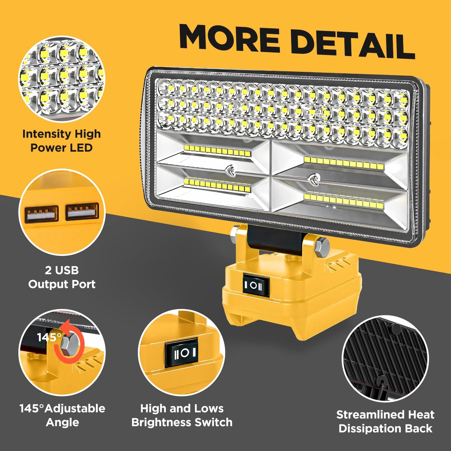 12000 Lumen 102 LED Work Light Compatible with Dewalt 20V Max Battery, 96W Cordless Jobsite Flood Light with Dual USB-A Charging Ports, Bright Portable Outdoor Flashlight (Battery Not Included)