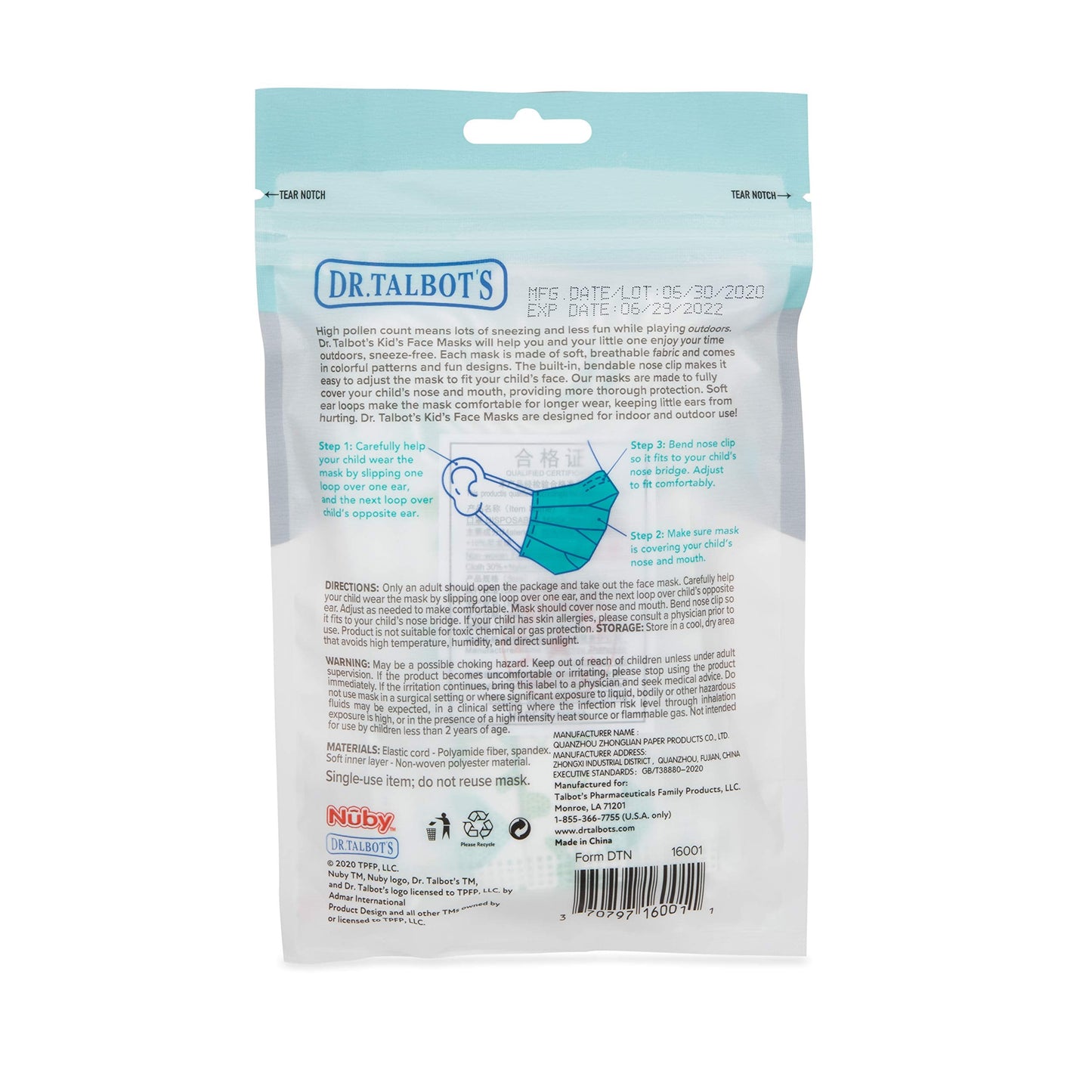 Dr. Talbot's Disposable Protective Face Masks for Boys 2-5 Years - 10-Count - Disposable 3-Layer Single Use Face Masks with Easy-Bend Nose Clip and Soft Ear Loops