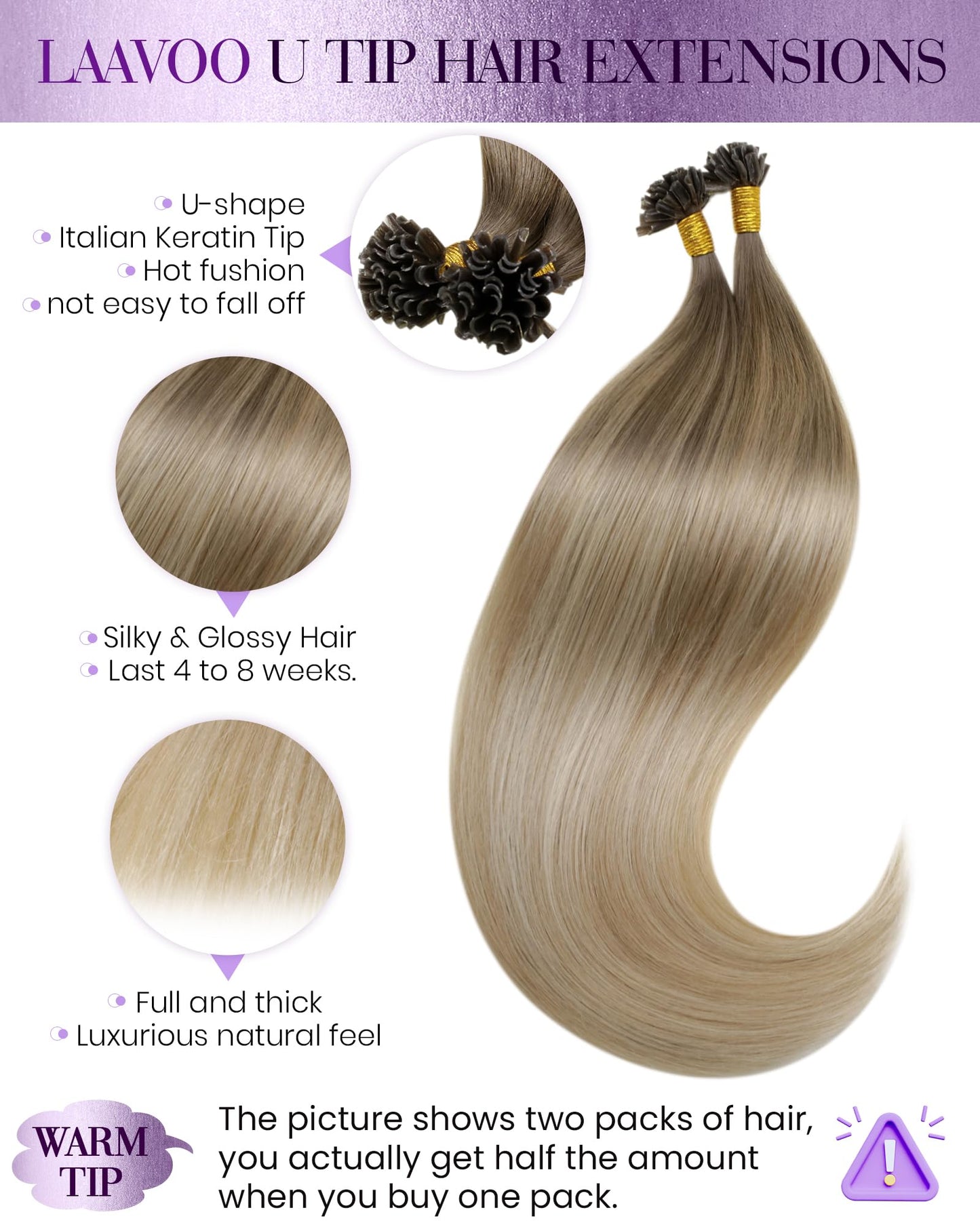 LaaVoo U Tip Hair Extensions Human Hair Light Brown to Ash Blonde Mix Platinum Blonde Utip Hair Extensions Human Hair Hot Fusion