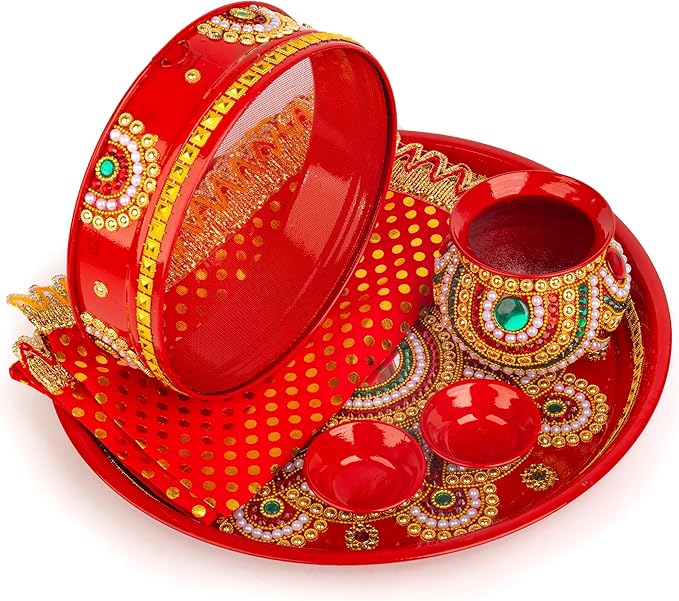 Tarini Gallery Karwa Chauth Thali Set Bowl with Kalash and Channi Decorated Steel Plate Platter with Essential Pooja Artic...