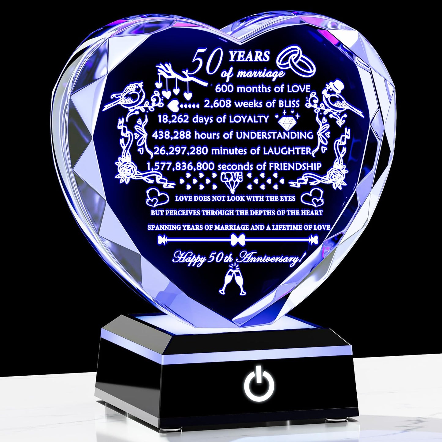YWHL 50th Anniversary Crystal Gifts with Colorful LED Base Happy 50th Wedding Anniversary Heart Gift for Couples 50 Years of Marriage Gifts for Parents Husband Wife