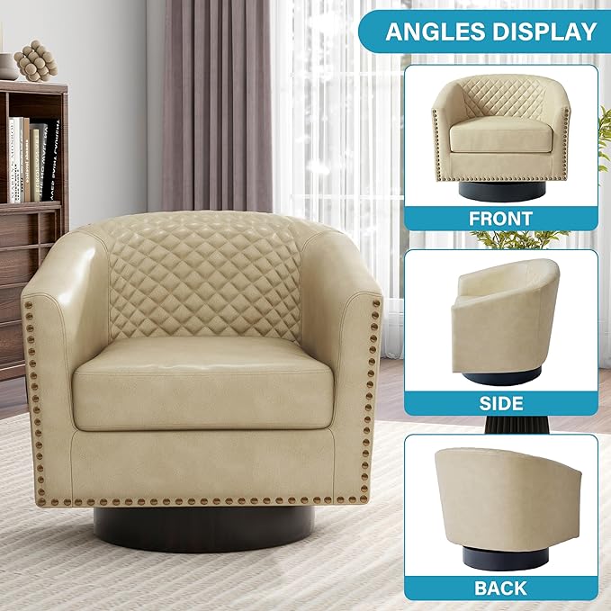 UIXE Swivel Accent Chairs Set of 4, PU Leather Barrel Club Chair for Living Room, Upholstered Round Armchair Comfy Single Sofa Bedroom Reading Seat - Beige Cream