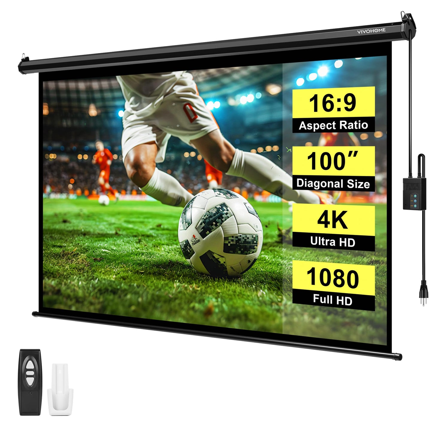 VIVOHOME Motorized Projector Screen with Remote, 16:9 100 Inch Auto Electric Projection Screen, HD 4K Movie Screen for Home Theater, Cinema, Office (87 x 49 Black)