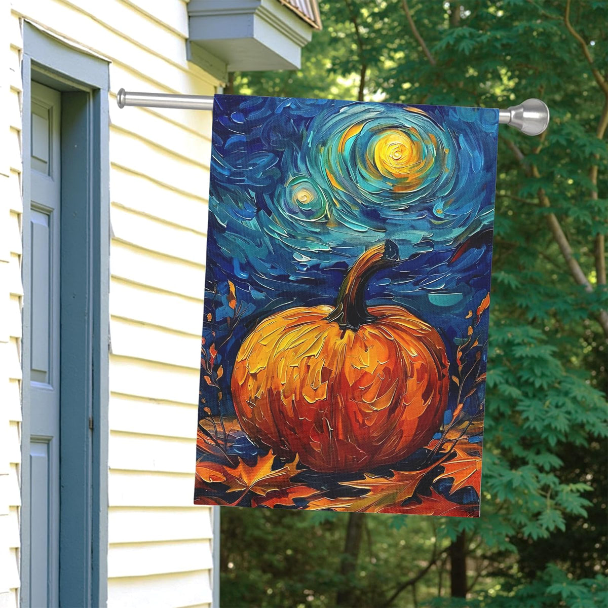 Dacawin Fall Garden Flag Pumpkin Maple Leaf Yard Flags Van Gogh Wall Banners Art Starry Night Sky Moon Garden Flags Autumn Harvest Thanksgiving House Banner for Patio Farmhouse Outdoor 28 x 40 Inch