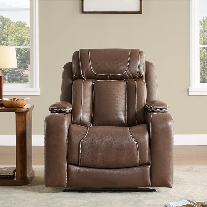 Watson & Whitely Genuine Leather Electric Recliner Chairs, Oversized Super Zero Gravity Recliner Triple-Motor W Adjustable Lumbar Headrest Support & Hidden Storage, Cafe Brown