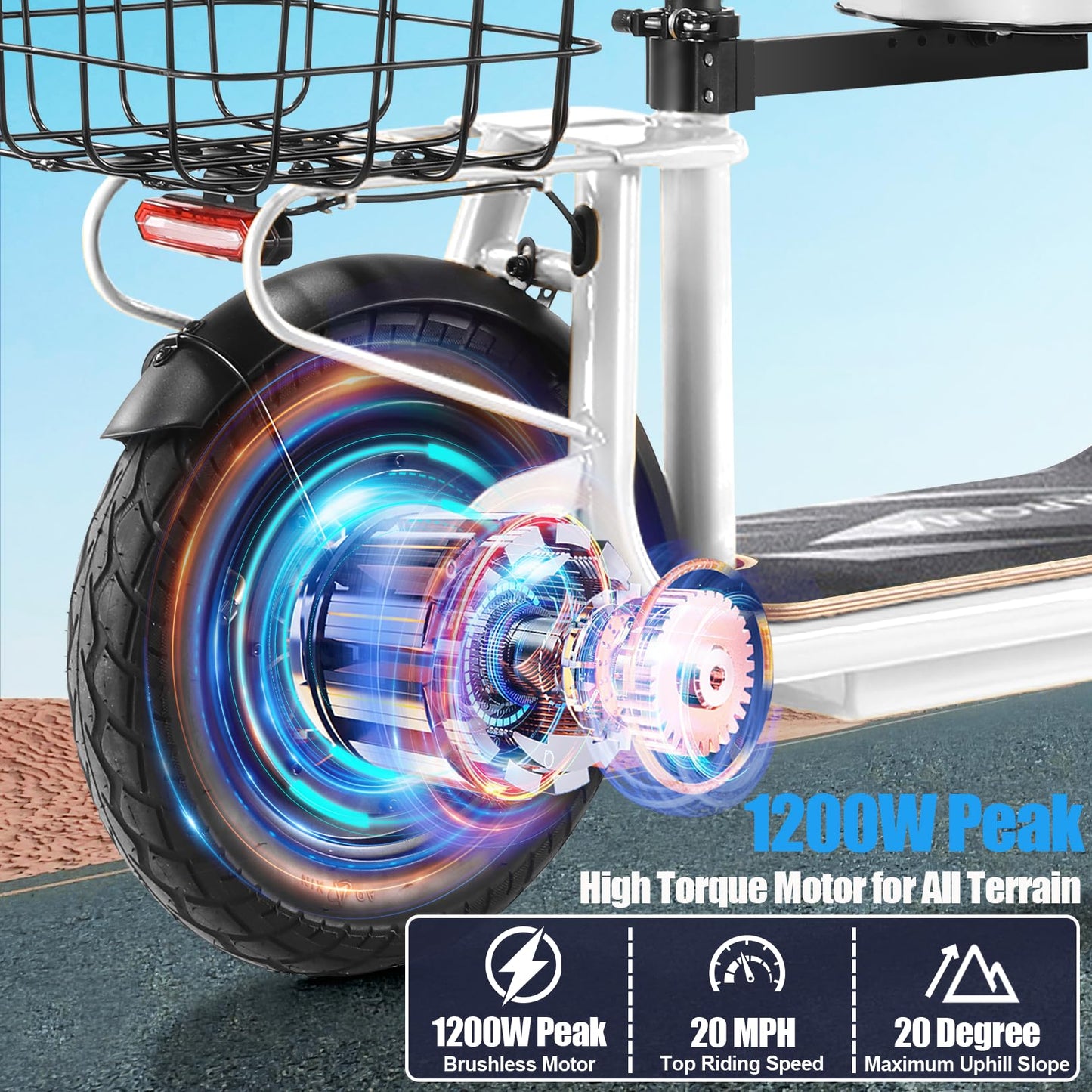 Caroma Peak 1200W Electric Scooter with Seat, Electric Scooter Adults with 12" Shock-Absorbing Tires, 500Wh Battery up to 30 Miles&20MPH, Foldable Electric Bike with Seat for Commuting(White)