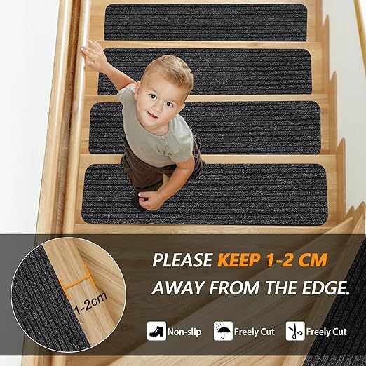 Non-Slip Stair Treads, 7.8" X 30" (15-Pack) Stair Runner Indoor Outdoor Mat, Grey Slip Resistant Stair Tread Mats Step Covers Pads for Elders, Kids and Pets (30" x 7.8", Grey)