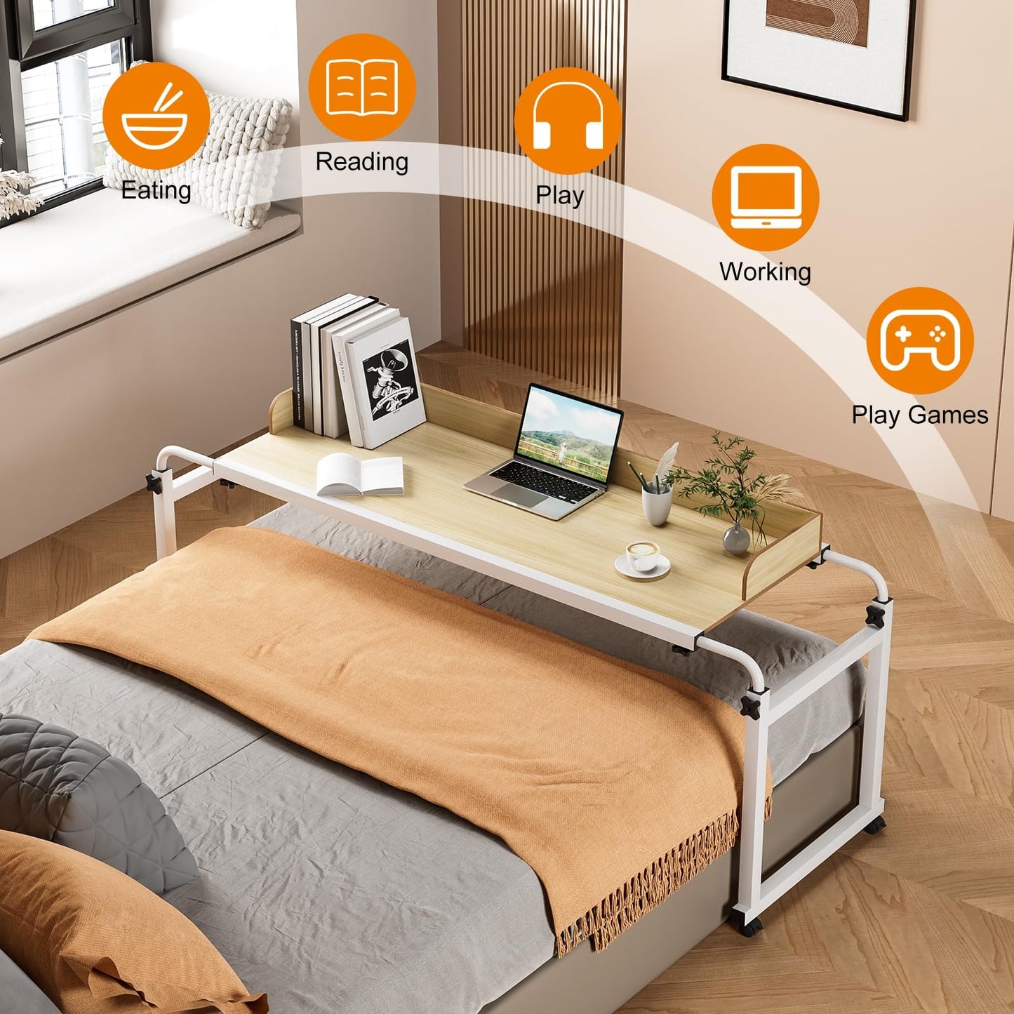 Rodiuiu Overbed Table with Wheels Laptop Desk Cart Table Over The Bed Table Adjustable Height and Length for Hospital and Home use(White)