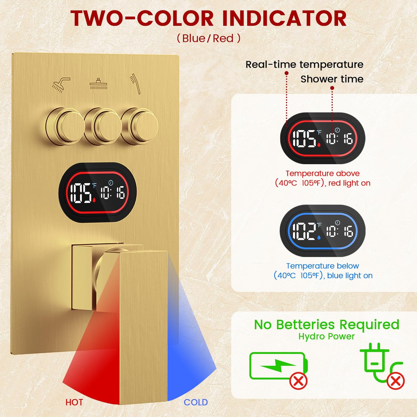Push Button Diverter Shower Faucet Set Hydro Power Temperature Display, Shower System Wall Mounted 10" & 6" Shower Head with 3-Spary Handheld, Shower Fixtures with Valve and Trim Kit, Brushed Gold