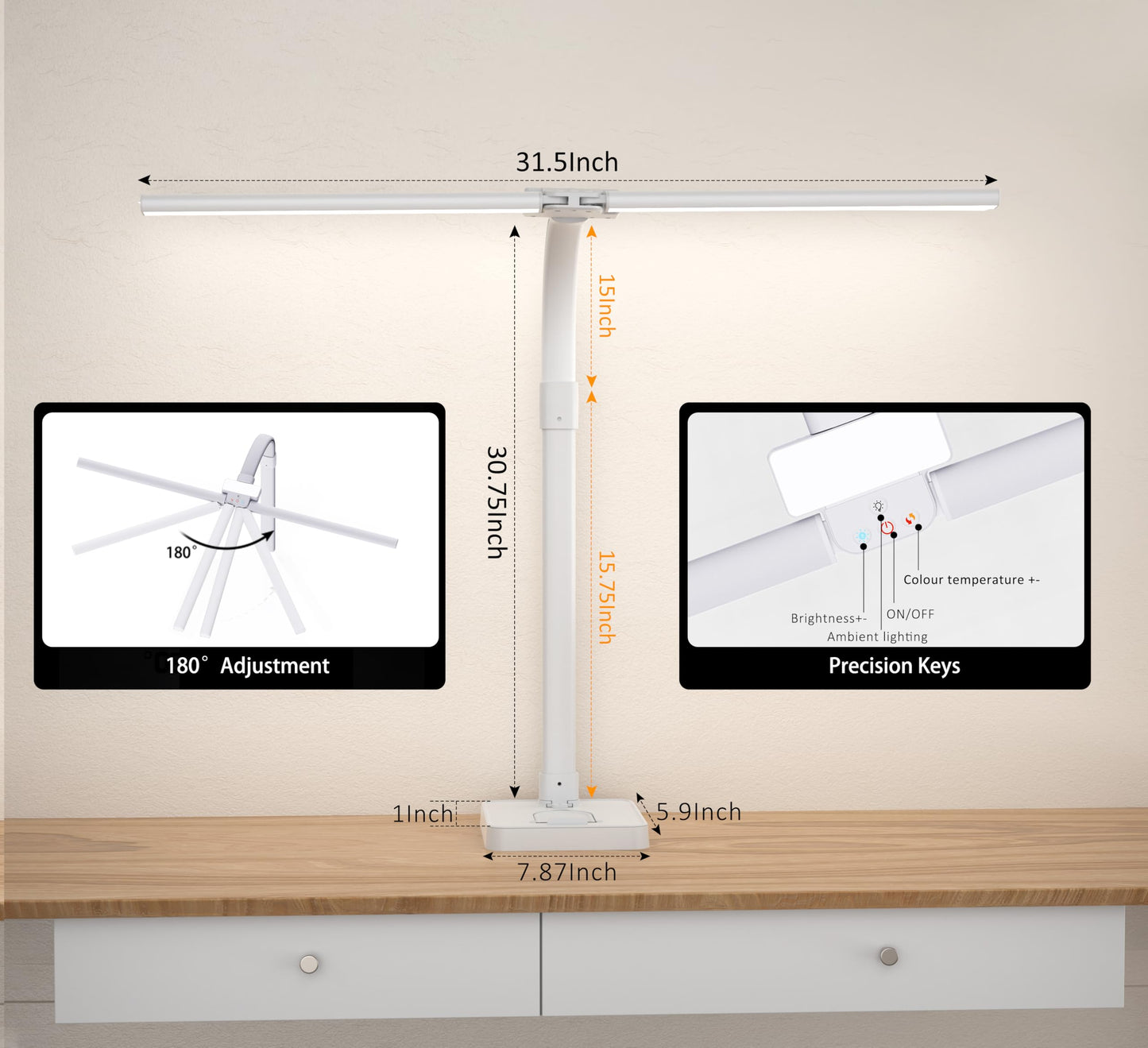 Ksunun Double Head LED Desk Lamp, Architect Desk Lamps for Home Office, 24W Brightest Workbench Office Lighting-5 Color Modes and 5 Dimmable Eye Protection Modern Desk Lamp (White-Desktop, Big)